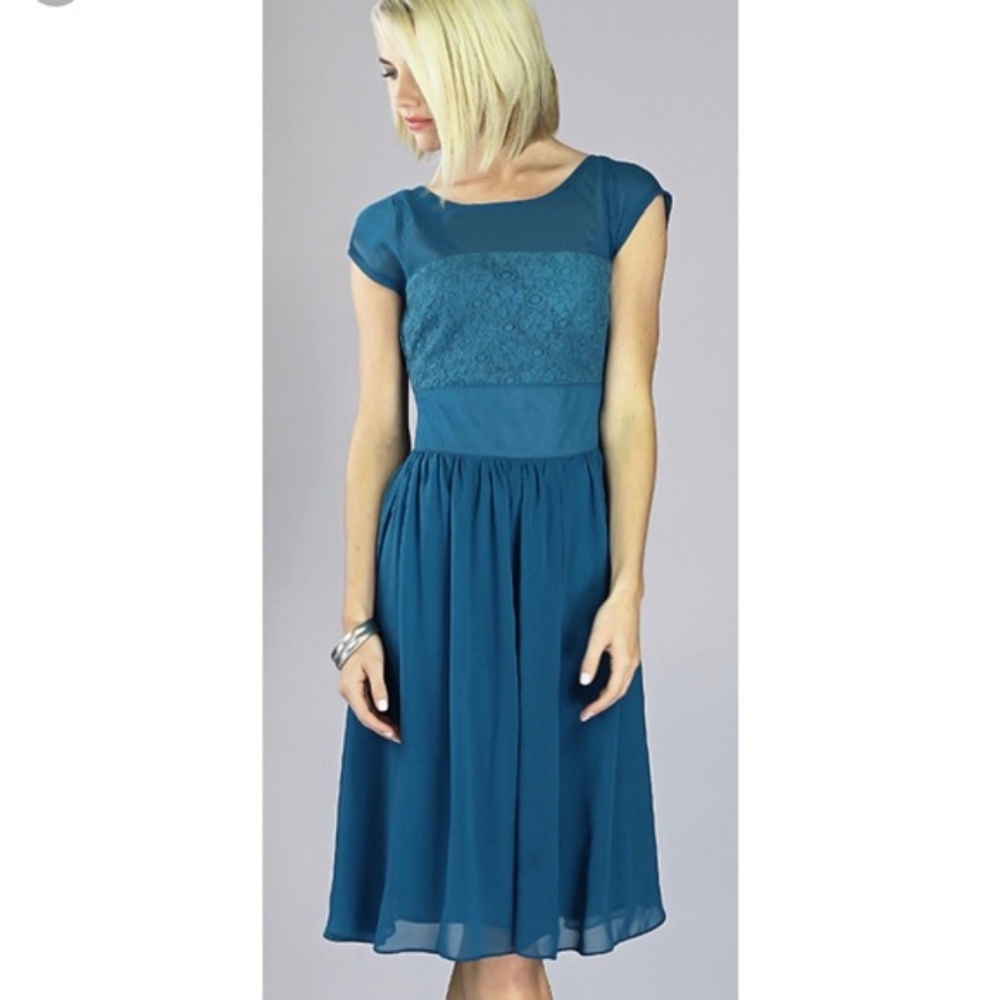 NWT Mikarose Isabel Teal Blue Modest Retro Swing Dress